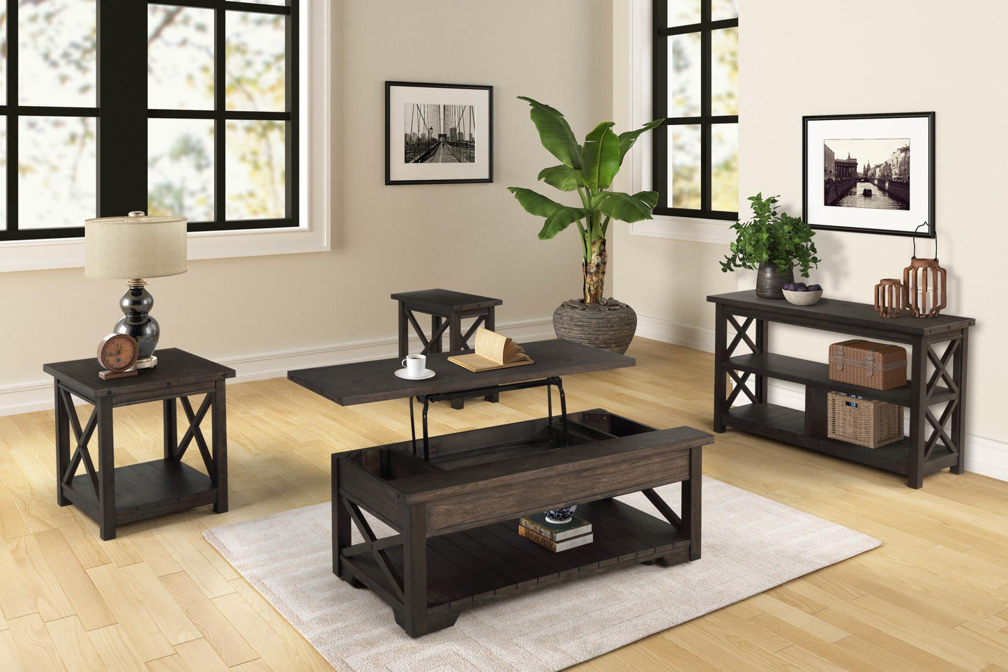 Distressed Brown Lift Top Coffee Table Set